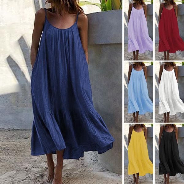 

casual dresses women's summer long dress loose spaghetti straps sleeveless pockets solid color maxi plus size beach, Black;gray