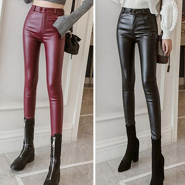 

pu leather pants elastic women legging trousers plus size 3xl winter velvet thin thick slim pencil high waist matte leggings, Black