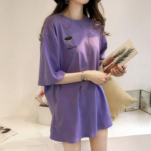 

women's t-shirt cotton romantic umbrella embroidery 2021 loose large short sleeve fat mm base coat women kawaii y2k, White