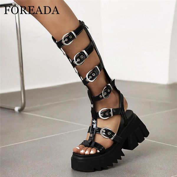 

sandals foreada women gladiator patent leather shoes platform block high heels buckle rivet ladies footwear summer 36-43, Black