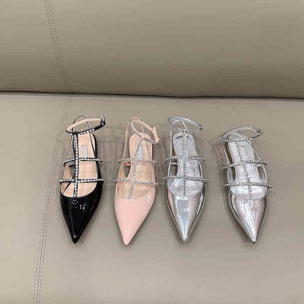 

m high miao's version of family lacquer mirror silver three belt diamond pointed flat shoes with sandals yw yw, Black