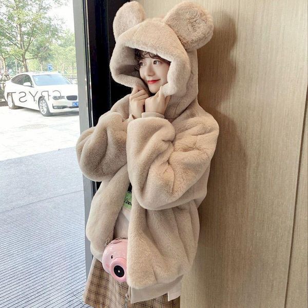 

women's hoodies & sweatshirts japanese kawaii coat winter fashion loose plus velvet thick hooded furry clothes women jacket harajuku, Black