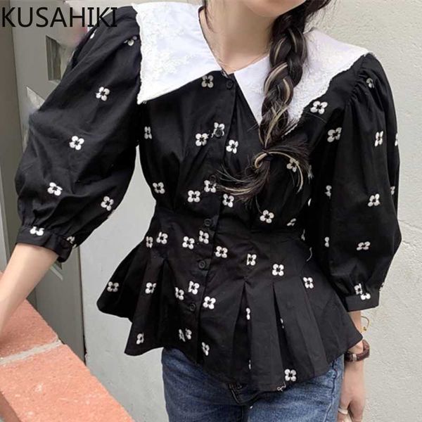 

kusahiki women shirts korean floral embroidery blouses peter pan collar puff sleeve slim waist sweet ruffle blusas femme 6h730 210602, White