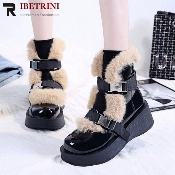 

boots ribetrini brand women add fur round toe ankle shoes high wedges buckle platform winter, Black