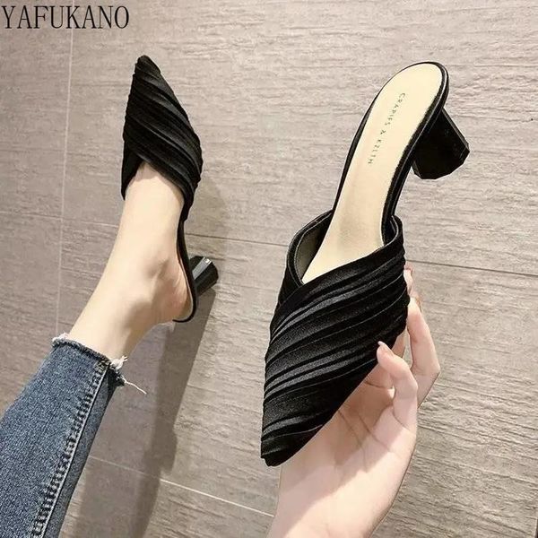 

slippers summer fashion pointed toe pleated women elegant ladies party dress slides high heel mules half round heels iqnh, Black