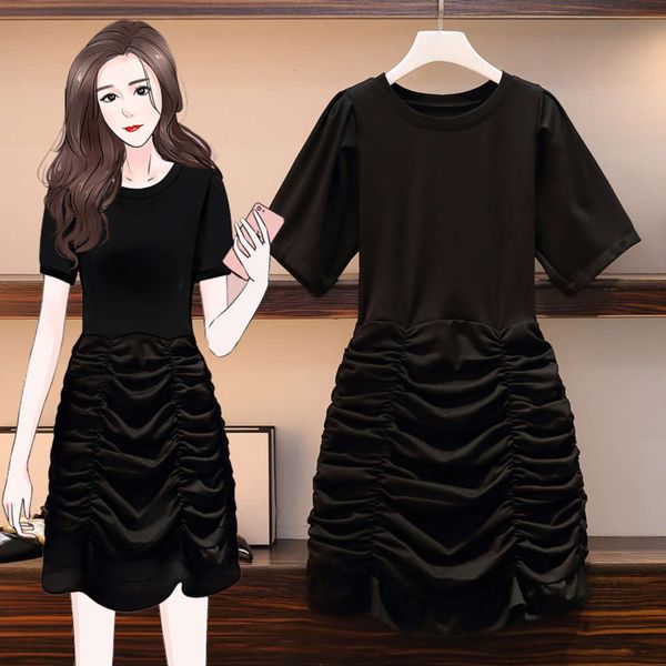 

casual dresses dress product summer large women's slightly fat mm with bubble sleeve and slim styg, Black;gray