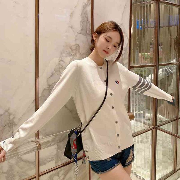 

love embroidery tb wool knitted cardigan women's autumn and winter loose thin four bar college style cashmere sweater coat, Black