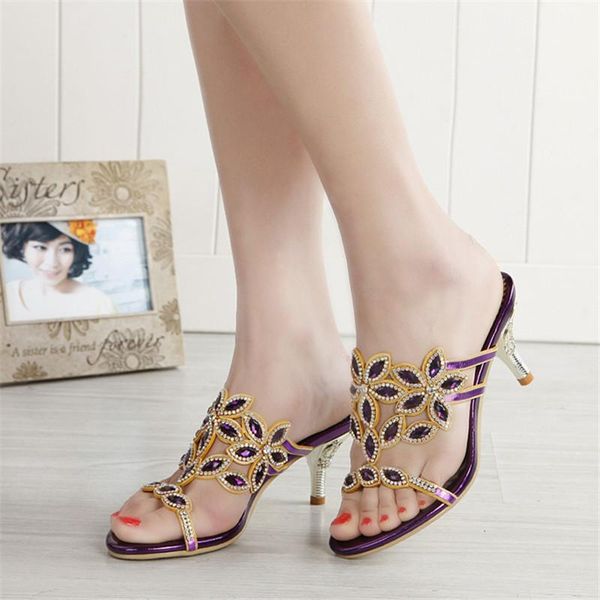 

slippers diamond sandals women's summer 2021 one word wear fashion middle heel crystal shoes, Black