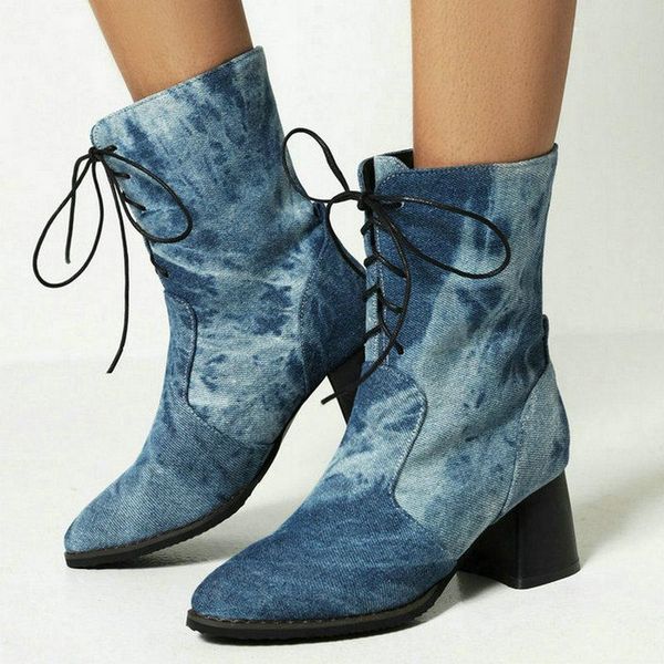 

boots 2021 women ankle comfortable square heel pointed toe short pu leather cross tied women's plus size 45, Black