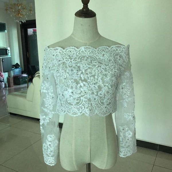 

wraps & jackets real image wedding bling crystal long sleeve off shoulder white ivory bolero sheer custom made bridal jacket