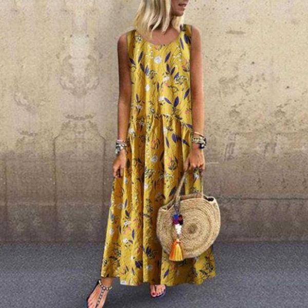 

casual dresses women loose sundress oversized s-5xl female sleeveless floral printed large long maxi beachwear dress plus size wdc7755, Black;gray