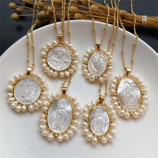 

promotion natural sacred heart & guadalupe & san benito mother pearl necklace freshwater pearl grace necklace for women & gift 220210, Silver