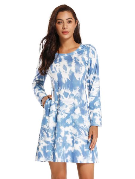 

spring autumn women short dress fashion tie dye print o-neck long sleeve mini dress lady casual loose big swing dresses vestidos 210414, Black;gray