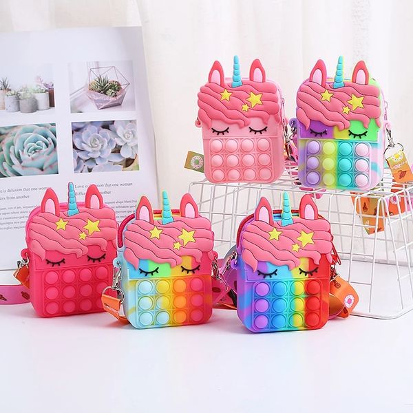 

6pcs 2022 new unicorn silicagel coin backpacks fashion lovely toys purse for kids gift children anti stress girls push bubble bag antistress