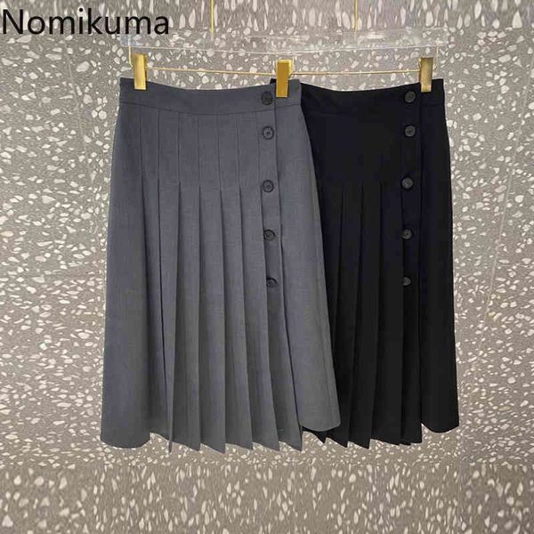 

nomikuma women pleated skirt spring summer buttons high waisted skirts korean causal a-line elegant faldas de mujer 6h358 210427, Black