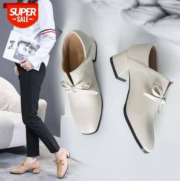 

women's thick-heeled single shoes, comfortable korean style fashion square-toed small leather fairy bow shallow mouth #oz58