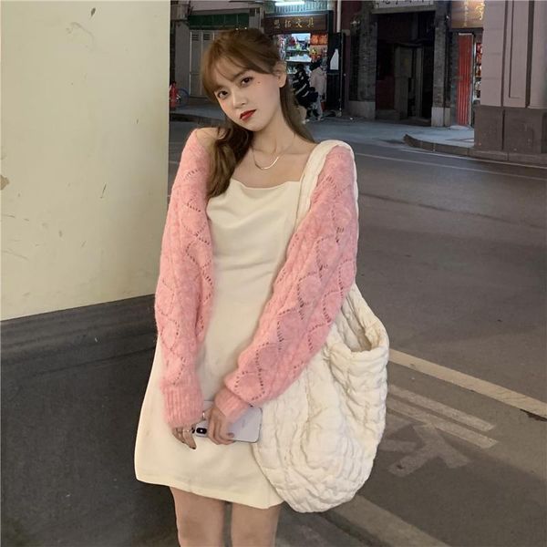 

casual dresses ladies sweet sling dress autumn women temperament hollow out hook flower cardigan 2021 korean college style two-piece, Black;gray