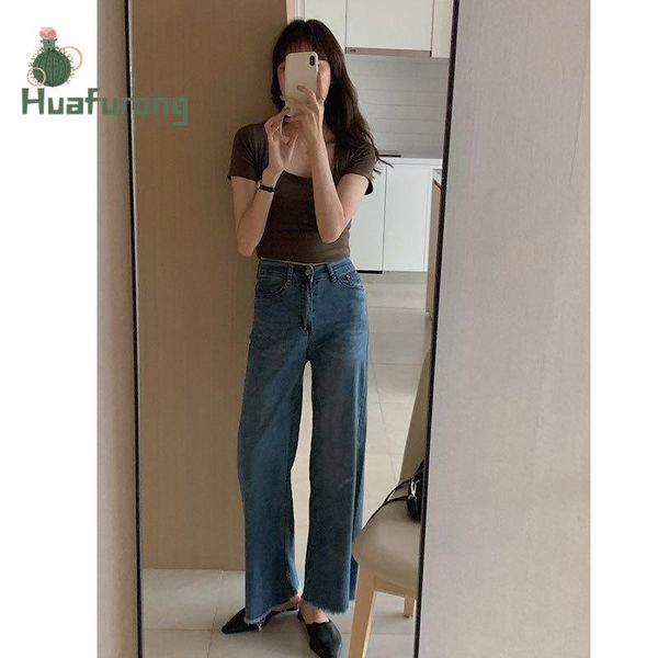 

women's jeans retro high waist with pockets thin blue 2021 summer loose and wide-leg pants front buttons