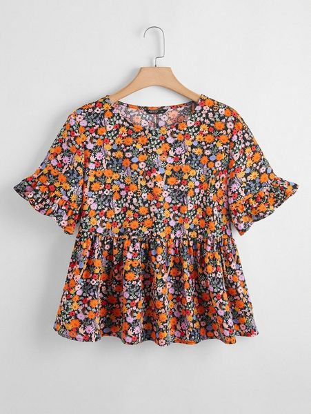 

plus flounce sleeve ditsy floral peplum l5jx#, Black