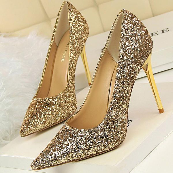 

dress shoes 2021 women 7cm 9.5cm high heels glitter scarpins pumps plus size stiletto wedding bridal gold valentine escarpins crystal, Black
