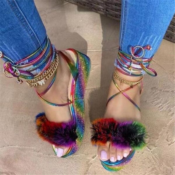 

women's platform sandals 2021 summer ladies ankle strap colorful feather rhinestone trim flat woman dress shoes, Black