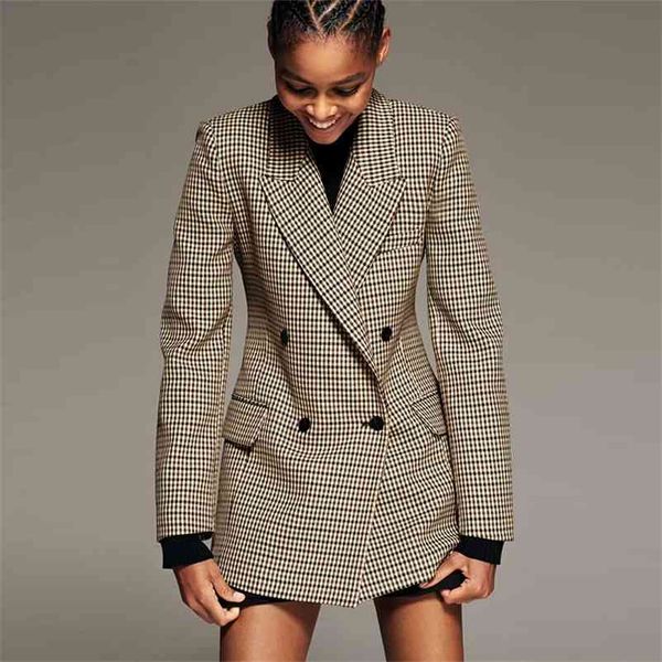 

spring autumn women za plaid coat classic double-breasted jacket casual turn down collar overcoat long sleeve coats outwear 210422, Black;brown