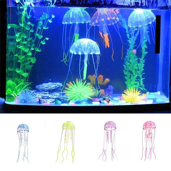 

decorations silicone mini size jellyfish style swim glowing effect fish tank aquarium decoration accessories 4 color 1pcs