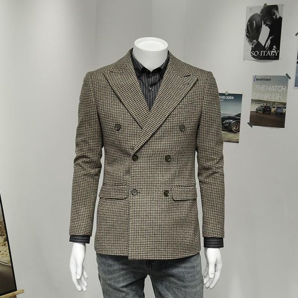 

men's suits & blazers thicken double breasted men jackets slim style business man brown plaid 2021 autumn warm, White;black