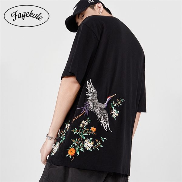 

chinese style men's t-shirt large size fairy crane embroidery cotton short sleeve casual wild loose half 210721, White;black