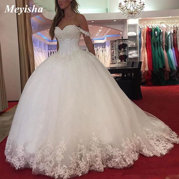 ZJ9152 Abito da ballo con applicazioni in pizzo con spalle scoperte Abiti da sposa 2021 Abito da sposa principessa con scollo a cuore in rilievo Taglie forti