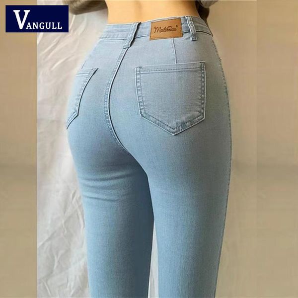 

vangull large size high waist stretch peach pants tight-fitting buttocks slimming feet full points women's jeans, Blue