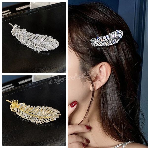 

shining diamond feather hair clips for women side clip wedding party barrettes rhinestone hairpin banquet hair accessories, Golden;silver