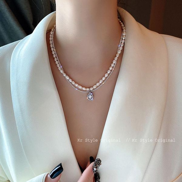 

chains natural pearl drop pendant double-layered necklace female collarbone chain personality 2021 women's summer, Silver