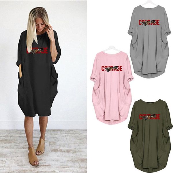 

women dress with pockets tiger letter print long sleeve o neck midi dresses for casual loose woman vestidos, Black;gray