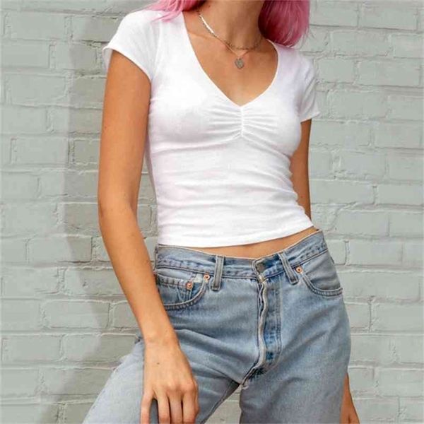 

women v-neck soft and stretchy fitted tee with a seam under the bust 210406, White