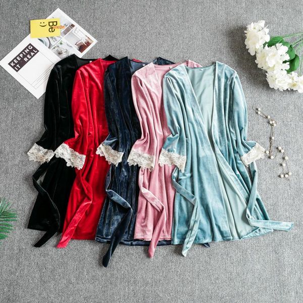 

women's sleepwear women velvet robe set 2pcs kimono bathrobe dressing gown velour autumn intimate nightgown  l xl, Black;red