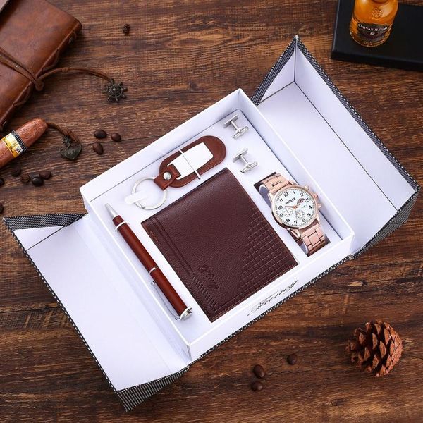 

wristwatches 5pcs/set fine gift set leather wallet big dial quartz watch cufflinks keychain pen business birthday gifts box horloges mannen, Slivery;brown