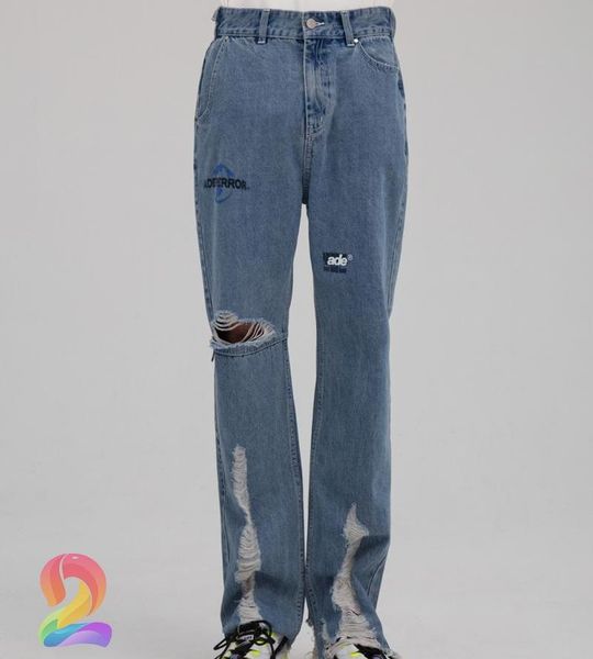 

korean trendy brand ader error high-waisted jeans aedrerror yang mi with the same paragraph hole letter printing casual trousers men's, Blue