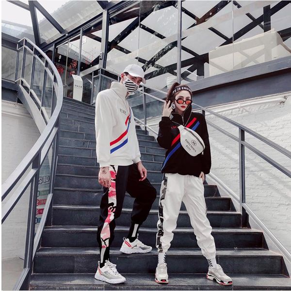 

autumn straight print boudle feet sweatpants women's high waist ankle length streets of hip hop lovers beam loose cusaul pants & capris, Black;white