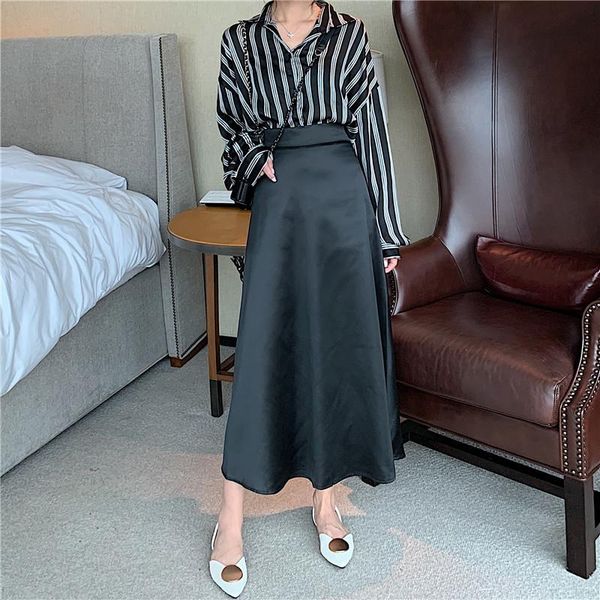 

skirts summer 2021 fashion elegant office ladies midi high waist a-line skirt faldas mujer plus size m-4xl female saia feminina, Black