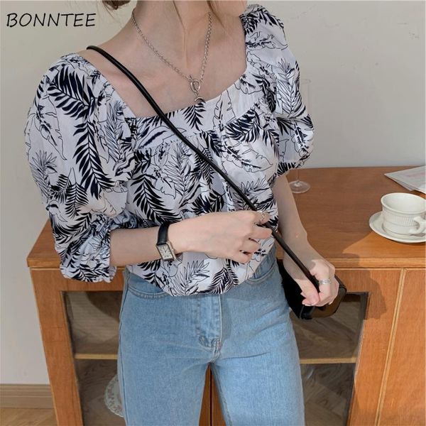 

women's blouses & shirts women retro kpop causal print female summer comfortable basic chic ulzzang square collar high street mujer loo, White