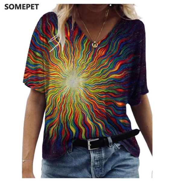 

women's t-shirt summer women t shirts 3d printing shirt casual short sleeve v-neck loose abstract painting oversized tee, White