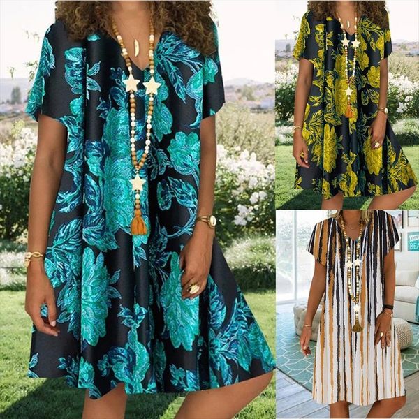 

vintage floral print boho womens dresses mini bohemian summer v neck beach loose robes g3, Black;gray