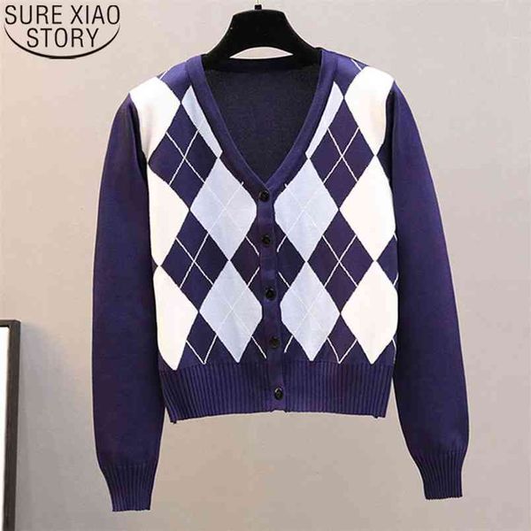 

knitted cardigan knitwear argyle sweater vintage women long sleeve v-neck short plaid autumn and winter 11718 210506, White