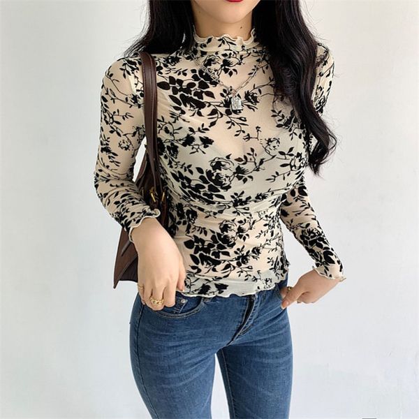 

all match lace basic brief fashion half-turtleneck chic ruffles light streetwear women t-shirt 210421, White