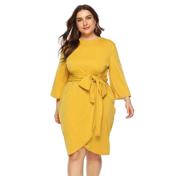 

women plus size flare 3/4 sleeves o-neck slim midi dress irregular cross wrap front bandage tie empire waist cocktail party club casual dres, Black;gray