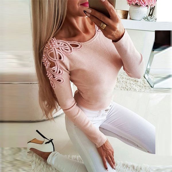 

fashion bling beading hollow blouse casual winter ladies slim bottom female women long sleeve shirt blusas pullover x0521, White