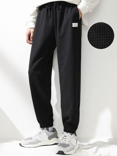 

men patch detail drawstring waist sweatpants 40mu#, Black