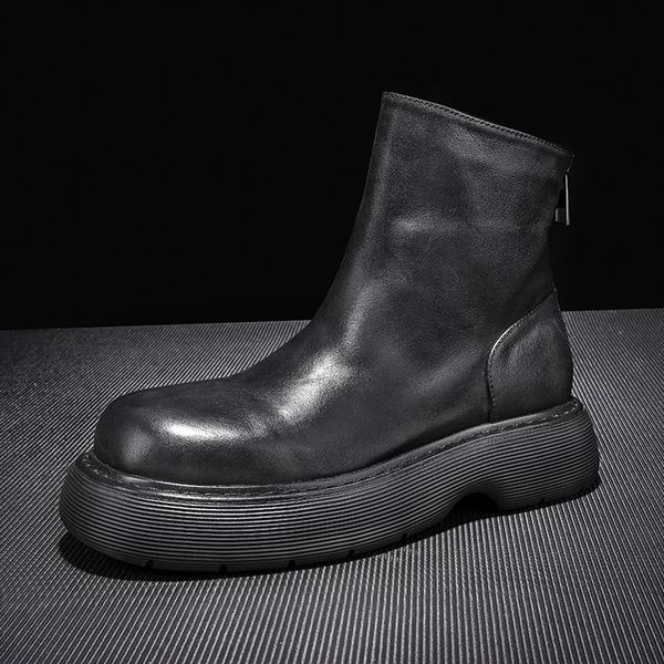 

british style martin men's autumn and winter new short thick soled handsome chelsea boots men's chimney big head leather boots, Black