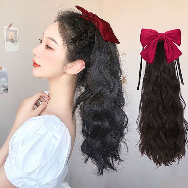 

bowknot women's wig strap style long curly clip fake ponytail short hair braid, Black